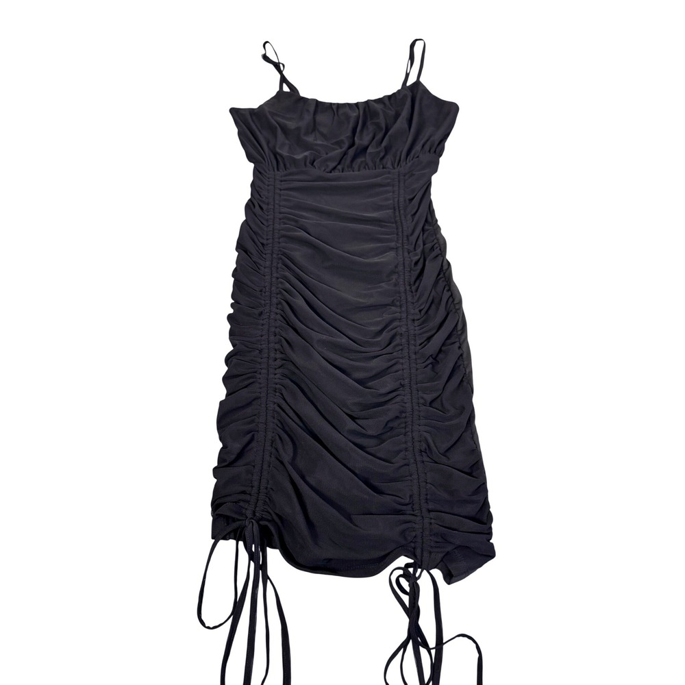 Aster Ruched Mini Dress Sz Small Bodycon Mesh Drawstring LBD‎ Y2K Edgy ClubBlack